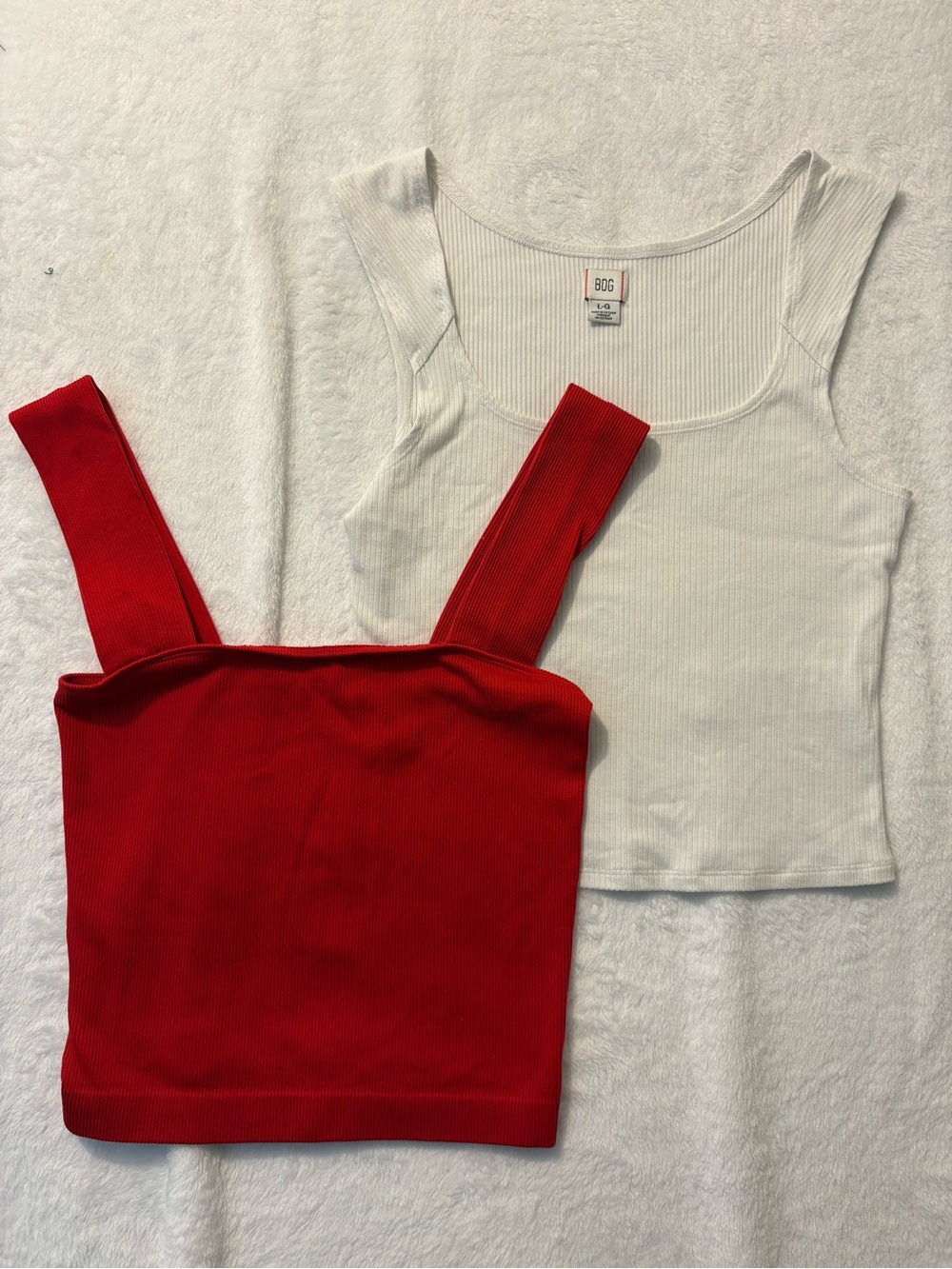 BDG White Ribbed Scoop Tank with Red Ribbed Square Crop Accent